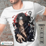 Epic Itachi Uchiha Naruto anime vector art on a premium T-shirt template. Perfect for Naruto enthusiasts and fashion-forward individuals. Limited edition, powerful threads for a dynamic wardrobe upgrade.